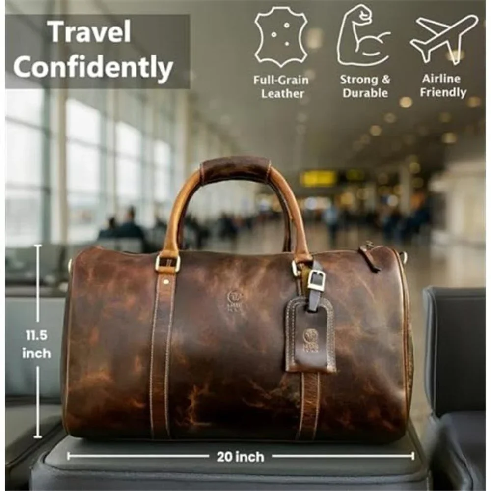 Men's Leather Duffle Bag Full Grain Leather Travel Bag, 20 inch